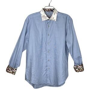 Robert Graham Shirt Mens XL‎ Blue Gingham Paisley Collar Flip Cuff Career Preppy